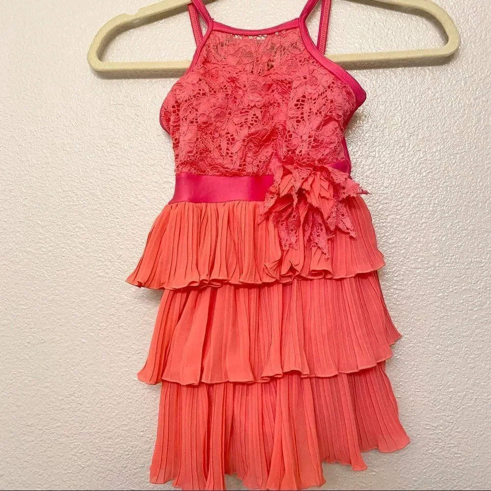 WEISSMAN Dance Costume coral orange lace leotard dress MC medium child 10/12